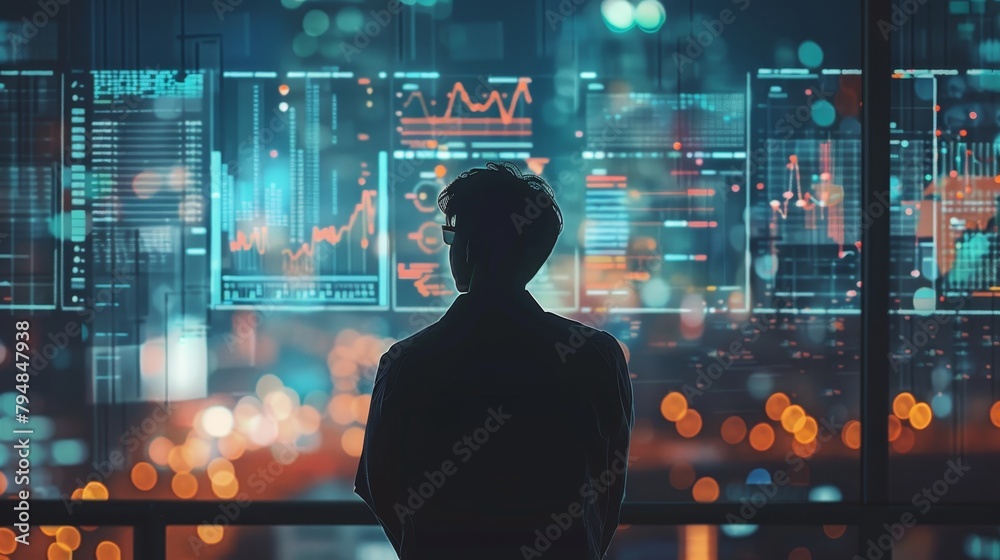 A person standing in front of a window looking at a futuristic city with glowing lights and a digital interface. A person standing in front of a window looking at a futuristic city with glowing lights and a digital interface.