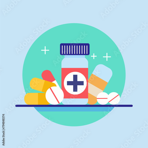 No Drugs Day with Healthy Medicine Capsule Pill in Bottle in Pharmacy