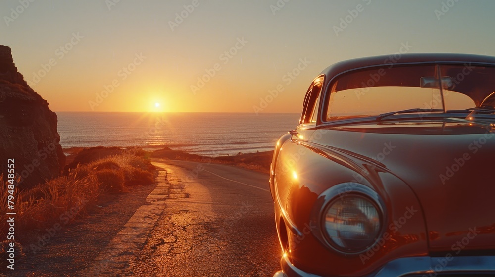 A red retro car drives along the coast at sunset.