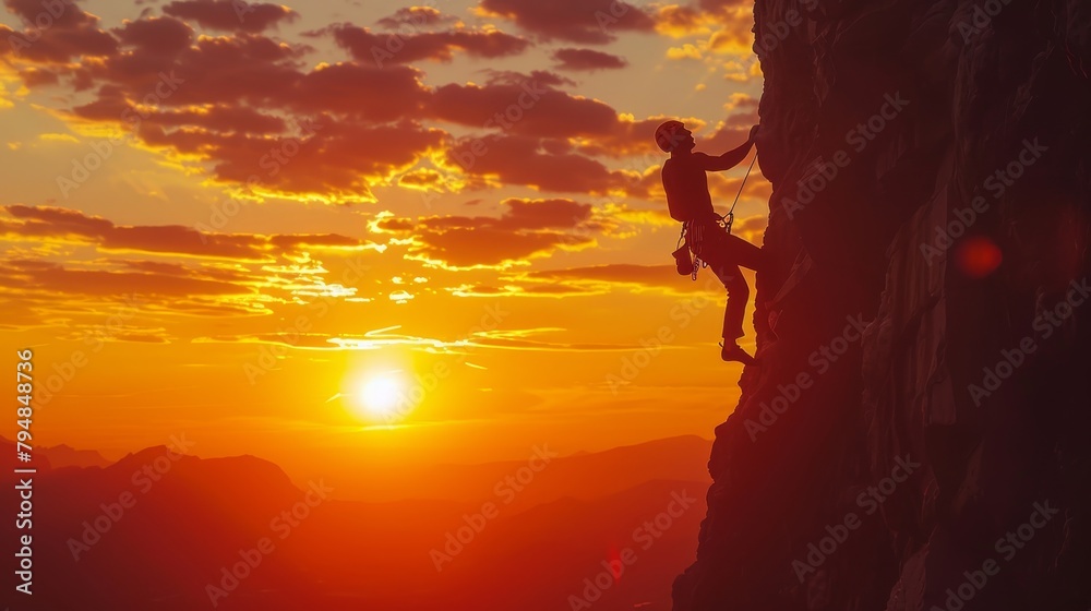 A rock climber scales a sheer cliff face as the sun sets behind them. A rock climber scales a sheer cliff face as the sun sets behind them.