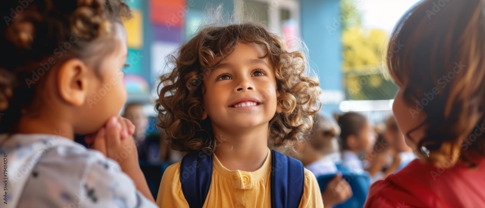 A child experiencing their first day of school in kindergarten or preschool. Exited kid in school. A child experiencing their first day of school in kindergarten or preschool. Exited kid in school.