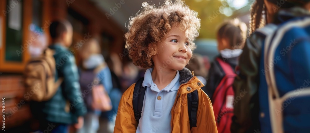 A child experiencing their first day of school in kindergarten or preschool. Exited kid in school.