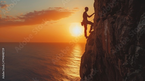 A rock climber scales a cliff face as the sun sets over the ocean.