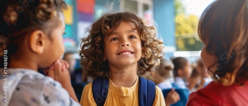 A child experiencing their first day of school in kindergarten or preschool. Exited kid in school.