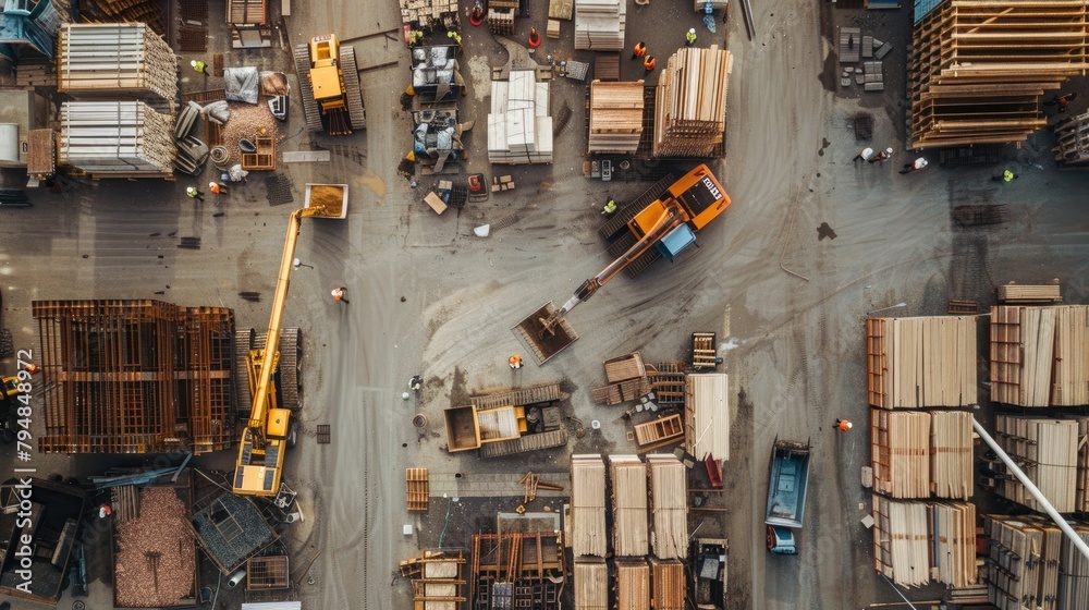 An aerial view of a construction site with cranes, bulldozers, and workers in hard hats, surrounded by stacks of building materials. An aerial view of a construction site with cranes, bulldozers, and workers in hard hats, surrounded by stacks of building materials.