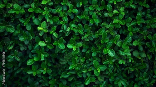 Closeup of green hedge leaves in garden. Natural background. Eco evergreen wall texture. © Danyilo