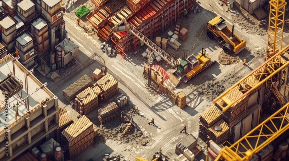 An aerial view of a construction site with cranes, bulldozers, and workers in hard hats, surrounded by stacks of building materials. An aerial view of a construction site with cranes, bulldozers, and workers in hard hats, surrounded by stacks of building materials.