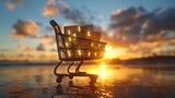 A shopping cart full of money is sitting on the beach at sunset.