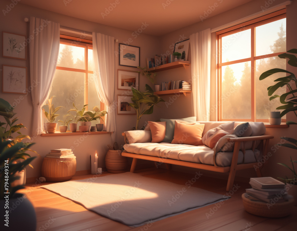 Fototapeta premium Cozy Modern Living Room with Sunset through Window