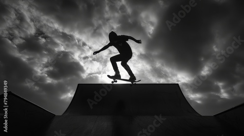 A skateboarder is doing an ollie over a ramp. The background is a cloudy sky.