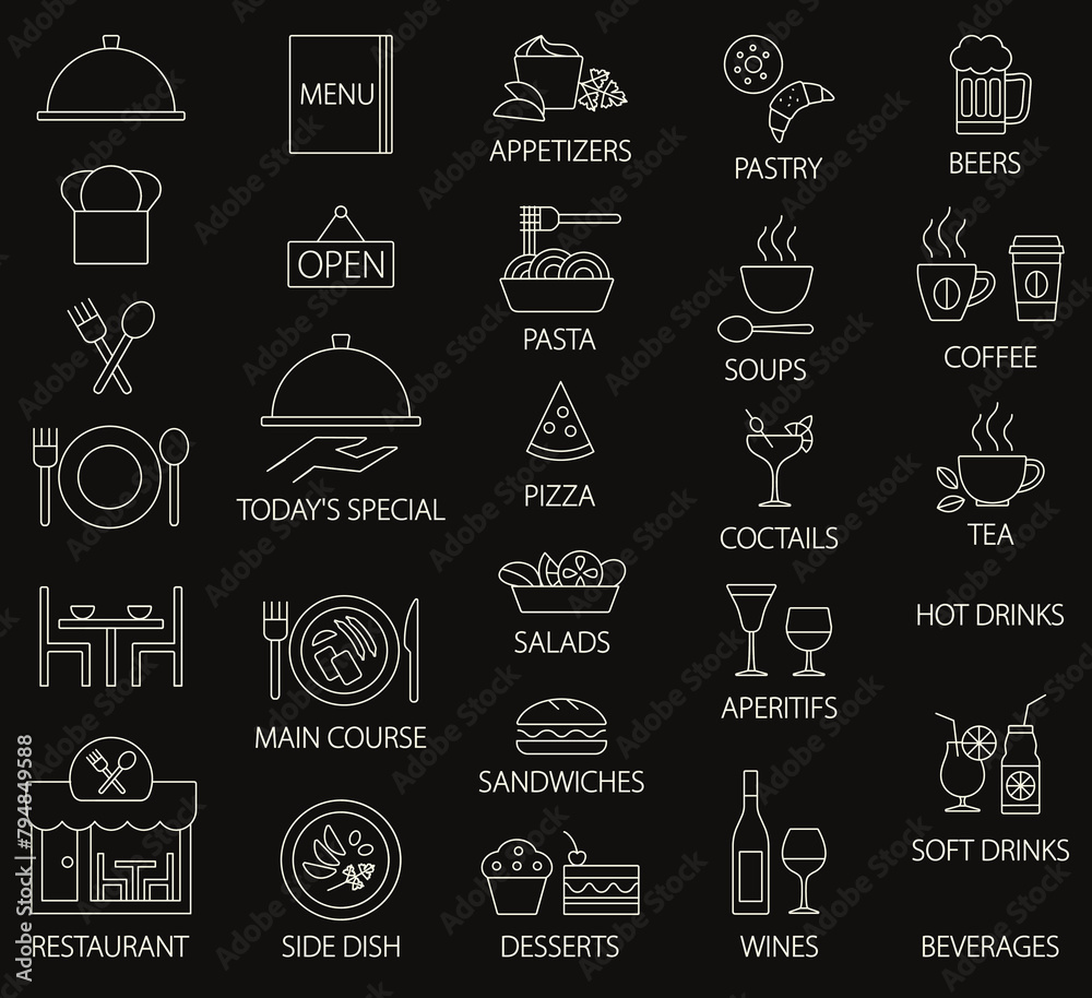 Restaurant menu vector outline icons on blackboard 1
