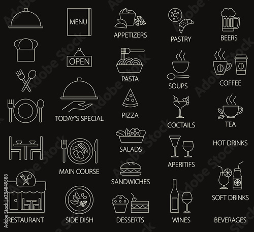 Restaurant menu vector outline icons on blackboard 1 