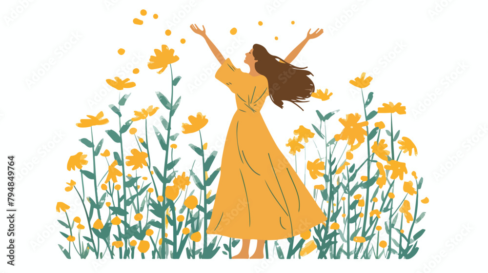 Woman in a long dress stands in a field with yellow