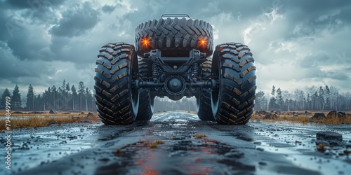 Playful monster truck tire podium with a rugged tread platform and exhaust pipe risers photo
