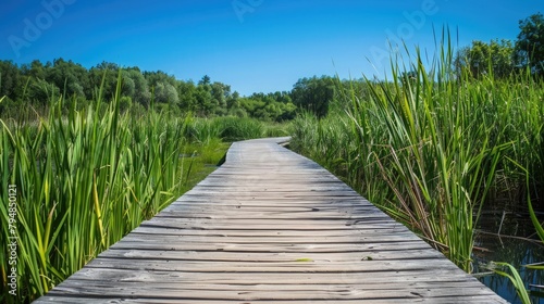 A wooden boardwalk winding its way through a tranquil wetland  with tall grasses and cattails on either side  under a clear blue sky.