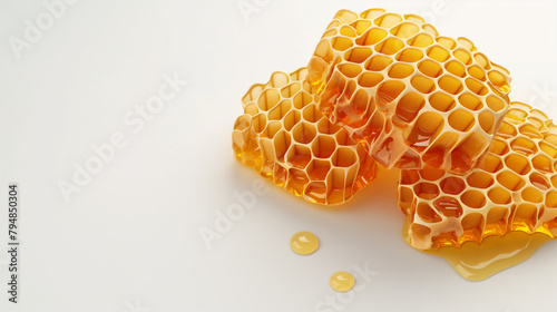 Three fresh pieces of honeycomb lie on a white background on top of each other to the right, a banner with copy space.