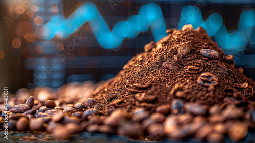 Processed cocoa is ready to be sold on world trading markets with huge price increases. On the trading price graph background.