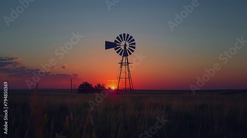 A windmill stands in a field of wheat at sunset.