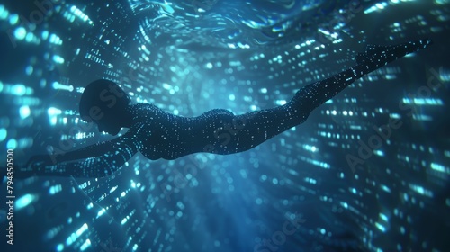 A woman in a black swimsuit is swimming in a blue, particle-filled tunnel. photo