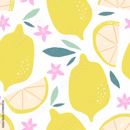 Summer seamless pattern with lemons and leaves. Repeated background. 