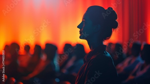 A woman is sitting in a dark room. She is looking at a bright light.