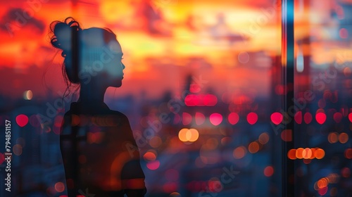 A woman looking out the window at the sunset.