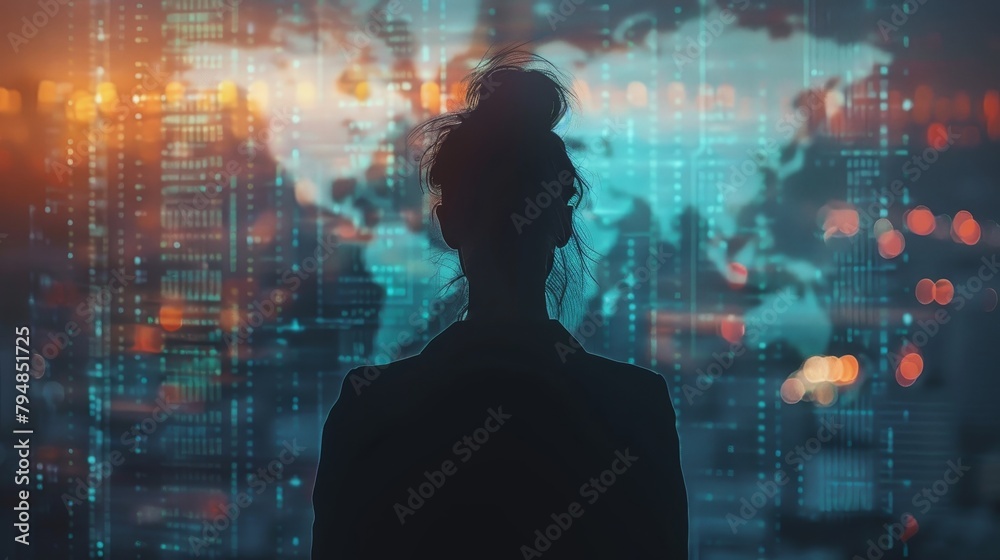 A woman standing in front of a digital world map. A woman standing in front of a digital world map.