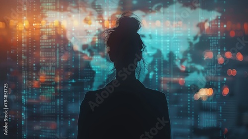 A woman standing in front of a digital world map. #794851725