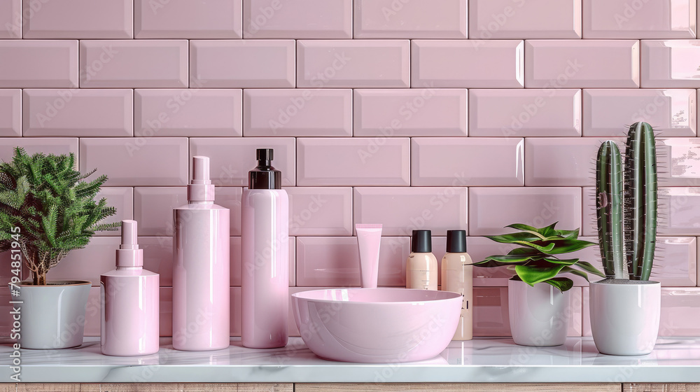 Mockup for products for skin or hair care. Big cosmetic set on bathroom table in front of pink metro ceramic tile. Bottles, tubes of different size for every cosmetics type. Generative AI.
