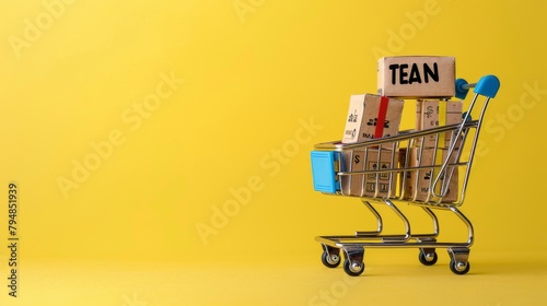 Ecommerce Retail Shopping trends concept. Word Trends and mini shopping cart with box on yellow background
