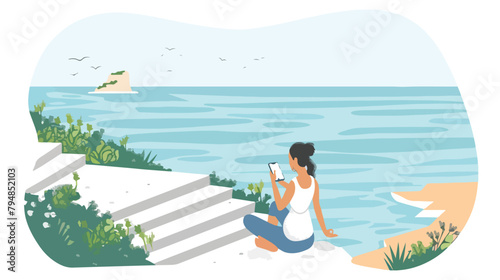 Woman sitting on the seaside stairs and using her photo