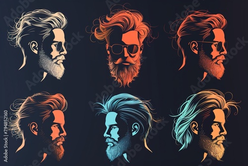 illustration of men model hairstyle or haircut with beard icons set
