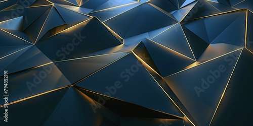 Dark blue abstract background with gilded line triangular patterns in gold. Generative AI. photo