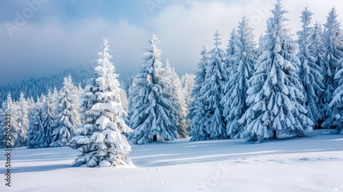 Snow covered pine trees in the winter