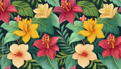 botanic seamless pattern with exotic flowers and leaves  hand drawn background. floral pattern. Tile with tropical leaf