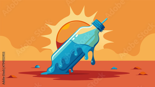 A plastic water bottle melting under the scorching sun representing the long lifespan of plastics and the potential for toxic chemicals to be