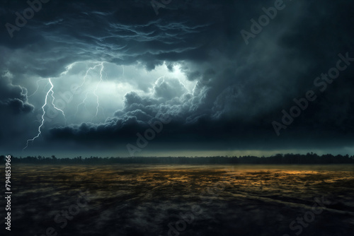 dark dramatic stormy sky with lightning and cumulus clouds over plain for abstract background