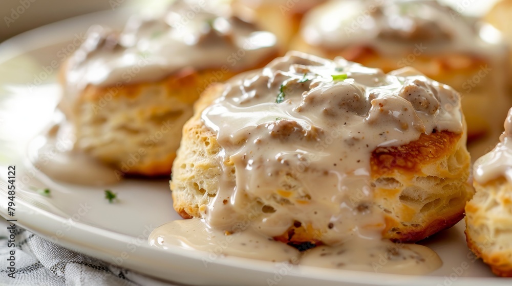 Close-up of mouthwatering fluffy biscuits covered in rich, creamy sausage gravy, a classic Southern comfort food, isolated background