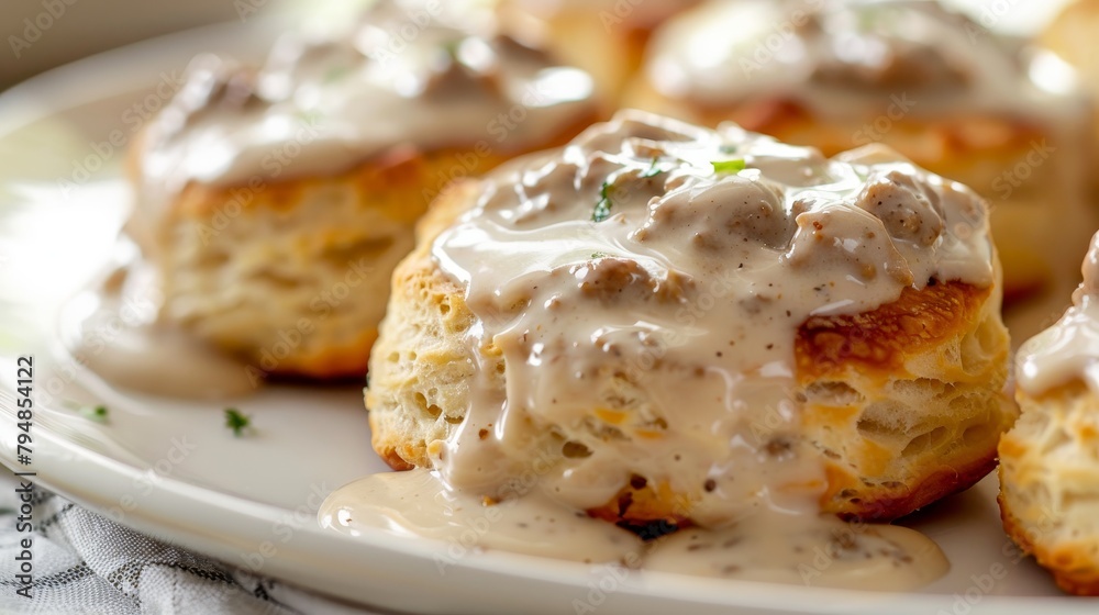 Close-up of mouthwatering fluffy biscuits covered in rich, creamy sausage gravy, a classic Southern comfort food, isolated background Close-up of mouthwatering fluffy biscuits covered in rich, creamy sausage gravy, a classic Southern comfort food, isolated background