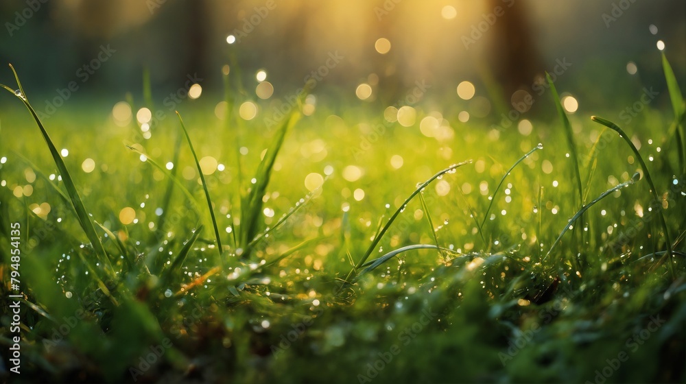 a beautiful spring landscape with dew on the grass in a forest glade after rain, sunlight and beautiful nature