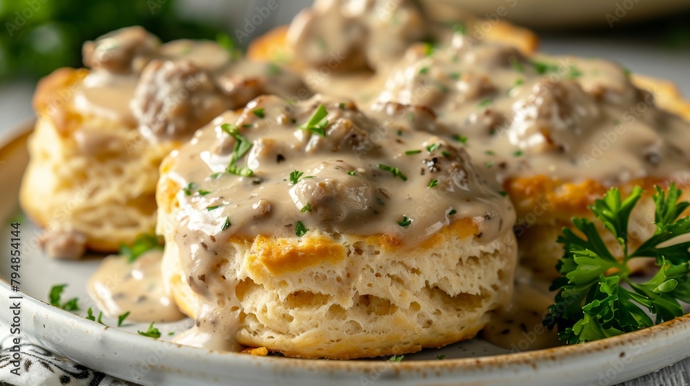 Close-up of mouthwatering fluffy biscuits covered in rich, creamy sausage gravy, a classic Southern comfort food, isolated background