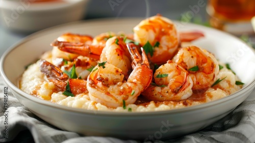 Close-up of shrimp and grits, a Southern classic: creamy grits and juicy shrimp in a savory sauce, studio-lit against an isolated background