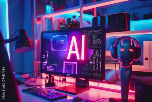 A vivid and modern gaming setup with a glowing 'AI' on the monitor, speaking to the advanced technology and futuristic feel in gaming