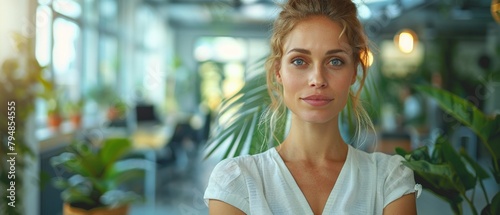 A professional, attractive woman stands confidently in a contemporary office, looking directly at the camera photo