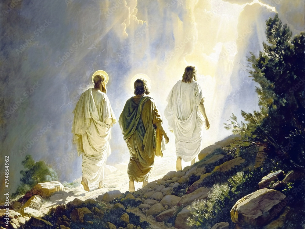 Biblical painting with figures of Moses and Jesus shining brightly ...