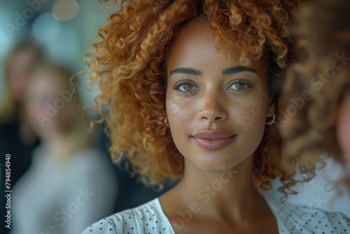 Woman with freckles and curly red hair smiling softly at the camera photo