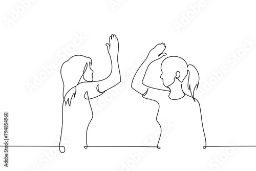 women high five each other - one line art vector. concept female solidarity, girlfriends, high five deal