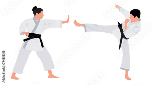 Male and female karate player in fighting pose. Two young athletes of the karate player using martial art skill to participate in competition. Karate player in action. Combat and self defense skill.