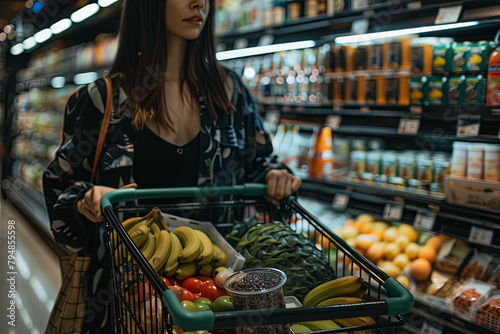 Woman with shopping cart in grocery store photo