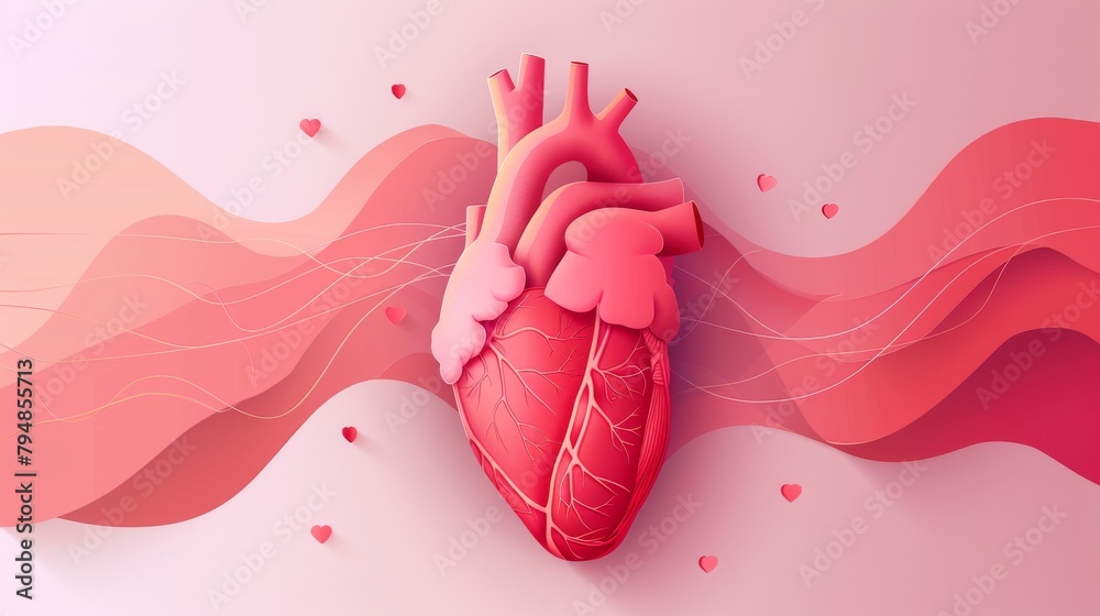 Heart attack paper cut vector. Cardiology disease medical poster. Anatomy of human cardiovascular organ abstract design and cardiogram, atherosclerotic vessel illustration